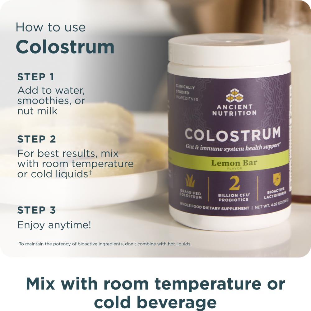 Ancient Nutrition Colostrum Superfood Powder, Grass Fed Bovine Colostrum, Supports Healthy Gut Microbiome and Immune System, Clinically Studied Lactoferrin & Probiotics, Lemon Bar, 60 Servings - Image 4