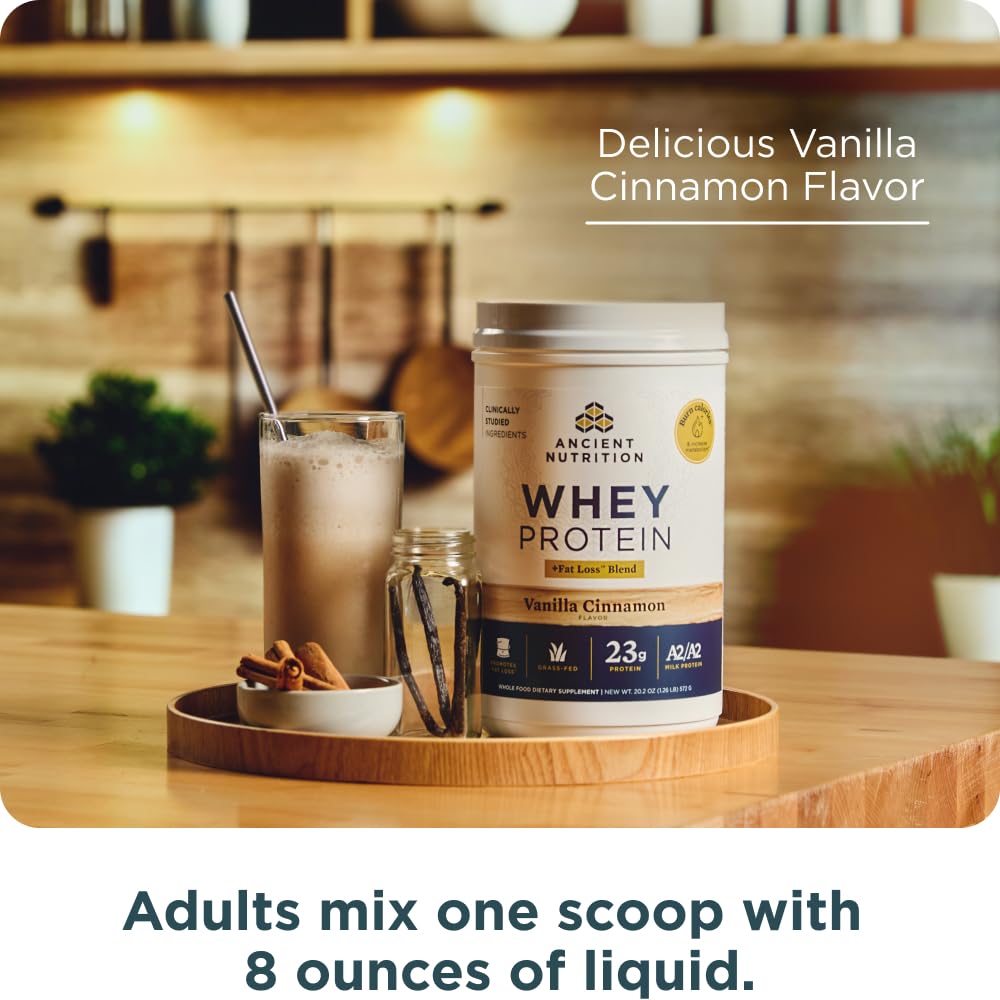 Ancient Nutrition Grass Fed Whey Protein + Fat Loss Blend, Vanilla Cinnamon, 23g Protein, Promotes Fat Loss and Boost Metabolism, Organic Regenerative A2/A2 Milk Protein,18 Servings - Image 6