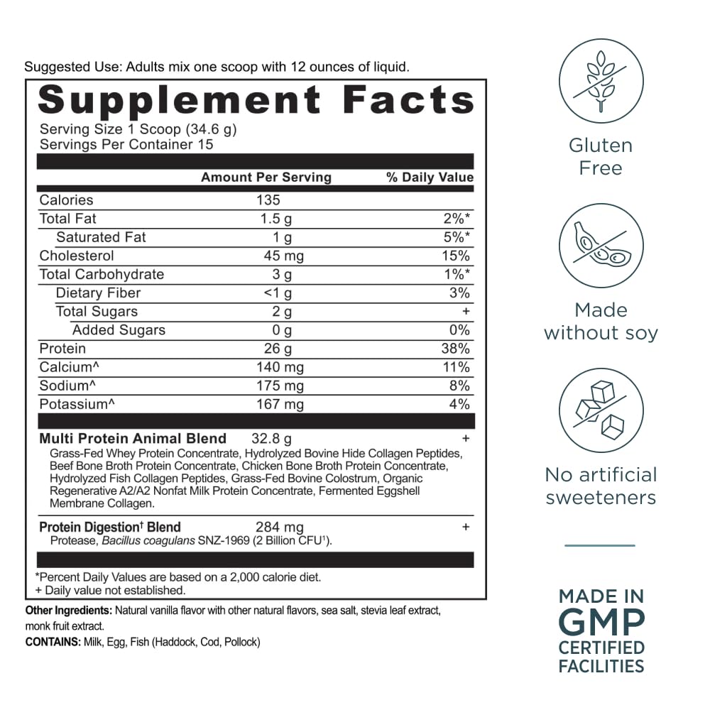Ancient Nutrition Multi Protein Animal Based Powder, 26g Protein, Grass Fed Whey, Bone Broth, Collagen Peptides, Colostrum & Probiotics, Supports Joint & Gut Health, Vanilla, 15 Servings - Image 9