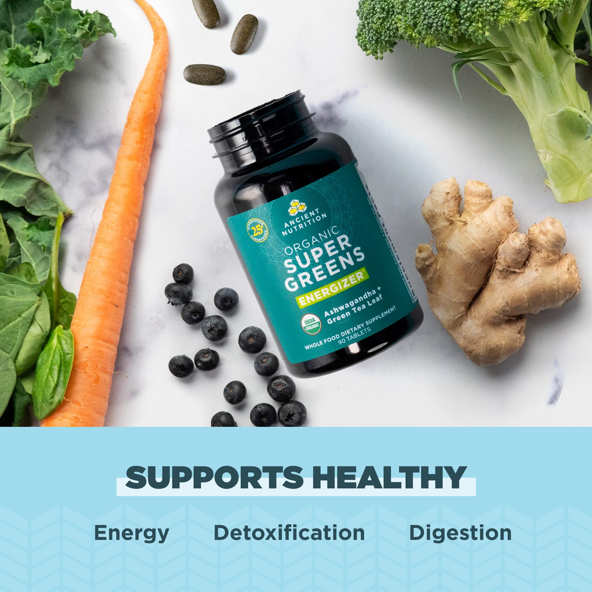 Ancient Nutrition Supergreens Energizer Tablets, Organic Superfood Tablets with Caffeine, Made from Real Fruits, Vegetables and Herbs, for Digestive and Energy Support, 90 Count - Image 5