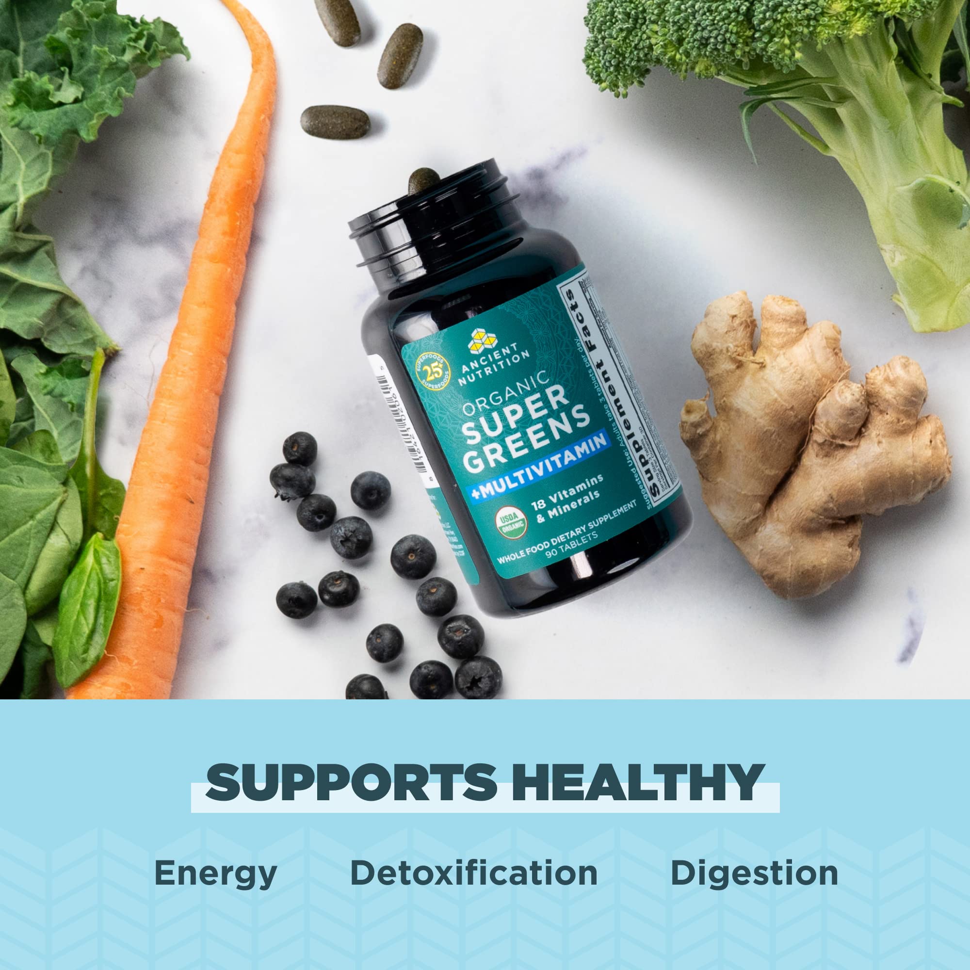 Ancient Nutrition Supergreens Multivitamin Tablets, Organic Superfood Powder with Multivitamins Made from Real Fruits, Vegetables and Herbs, for Digestive and Energy Support, 90 Count - Image 4